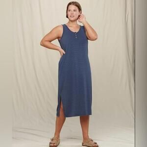 NWT Toad&Co S Piru Recycled Poly & Hemp Midi Tank Navy Henley Dress With Pockets